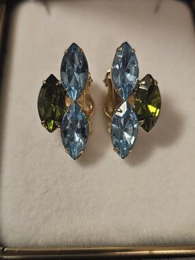 Vintage Gold-Tone Clip Earrings with Blue and Olive Marquise Stones